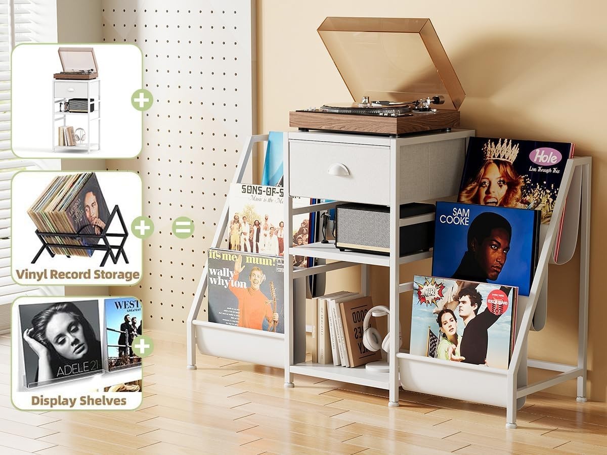 Vinyl Record Player Stand Storage Cabinet Holds 280 Albums White
