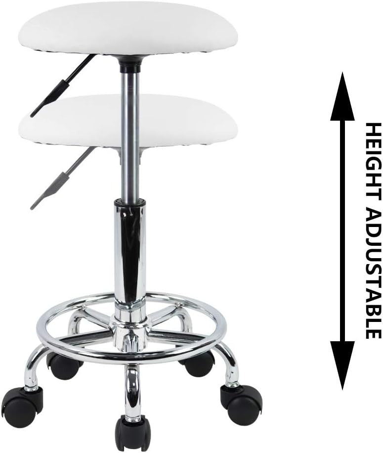 White Adjustable Swivel Rolling Stool with Wheels – PU Leather Seat