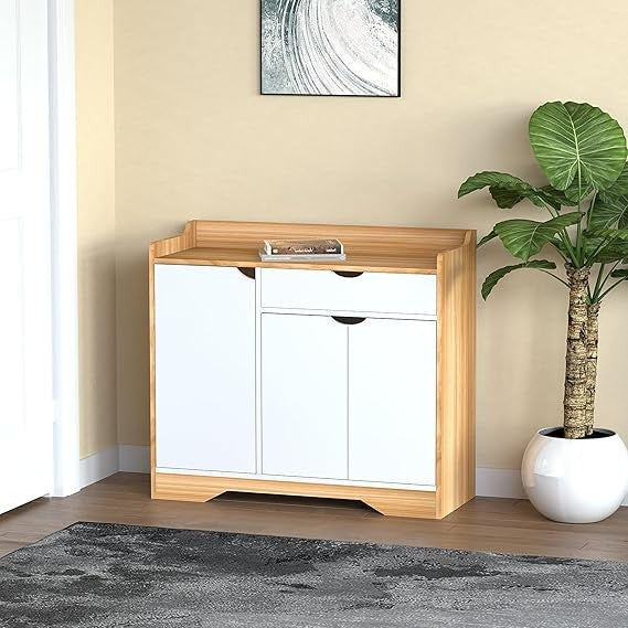 Modern Oak Shoe Storage Cabinet with Drawer & Shelf, Hallway Display Unit