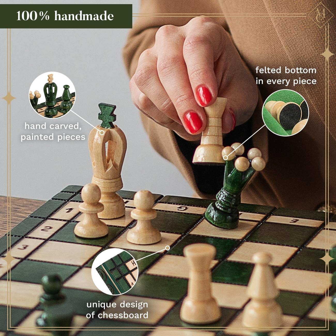 Luxury 35cm Wooden Chess & Draughts Set | Folding Board | Handmade Green Set