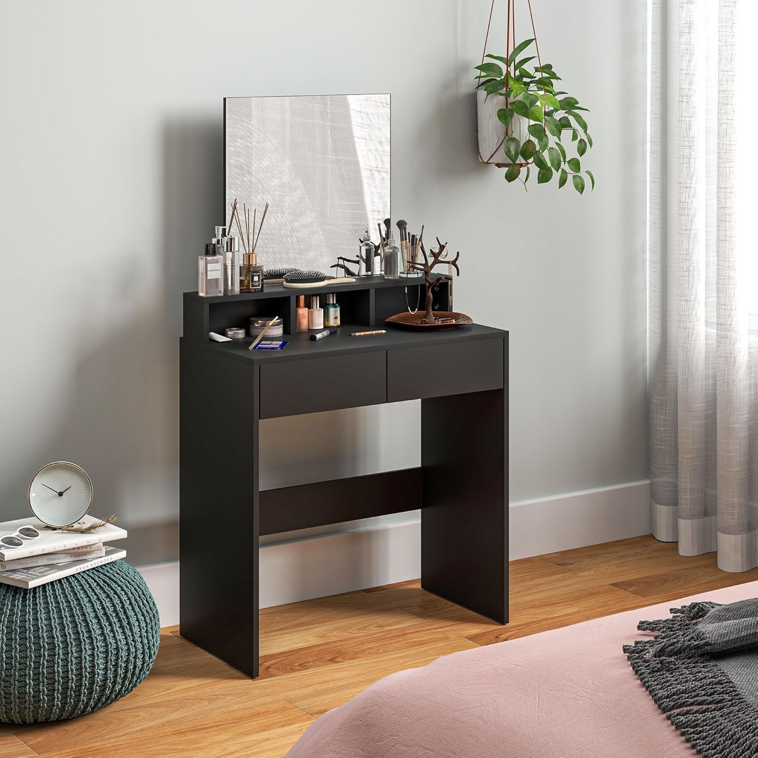 Compact Dressing Table Vanity Desk with Mirror 2 Drawers Shelves Black Wood