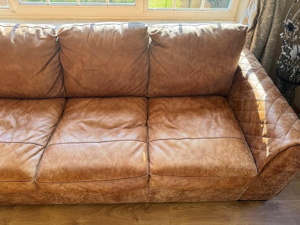 Extra Large Rustic Tan Leather Corner Sofa (PTP)