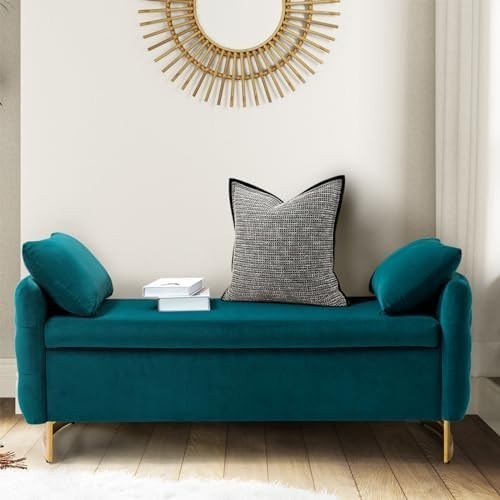 Large Teal Storage Ottoman Bench w/ Pillows Modern Upholstered Metal Legs
