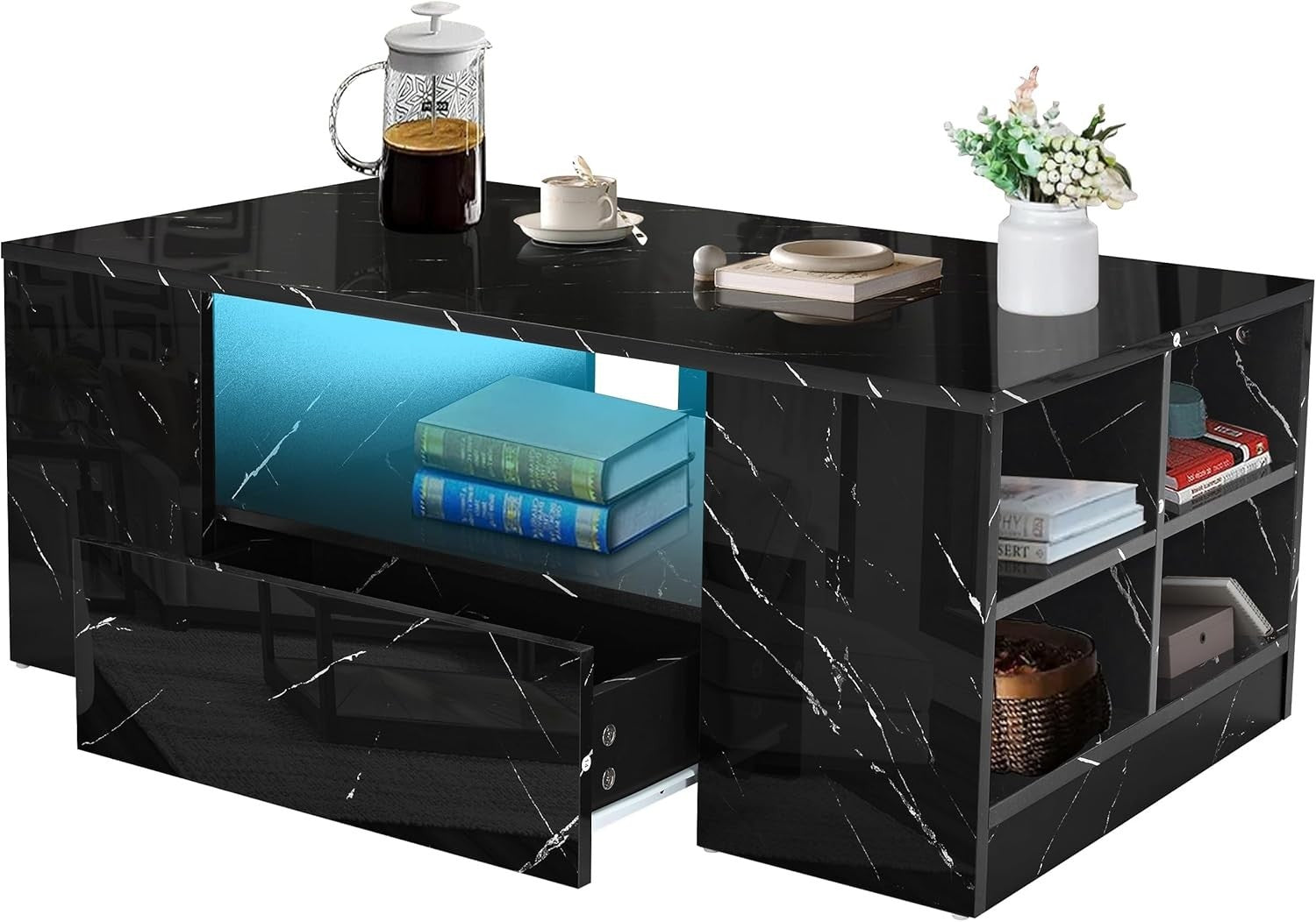 Black Marble High Gloss Coffee Table with LED RGB Lights & Storage 95x55x37cm