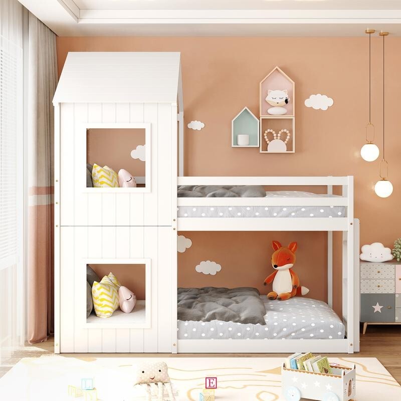 Kids Bunk Bed with Treehouse Canopy 3FT White Cabin Frame Mid Sleeper Ladder