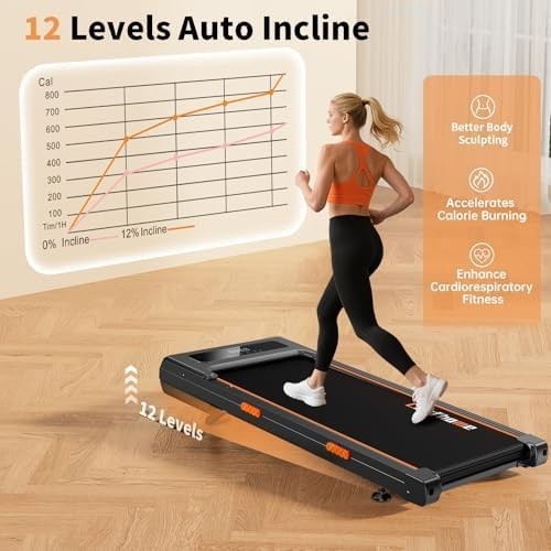 Compact Under Desk Walking Treadmill 12% Incline 320LBS Shock Absorbent