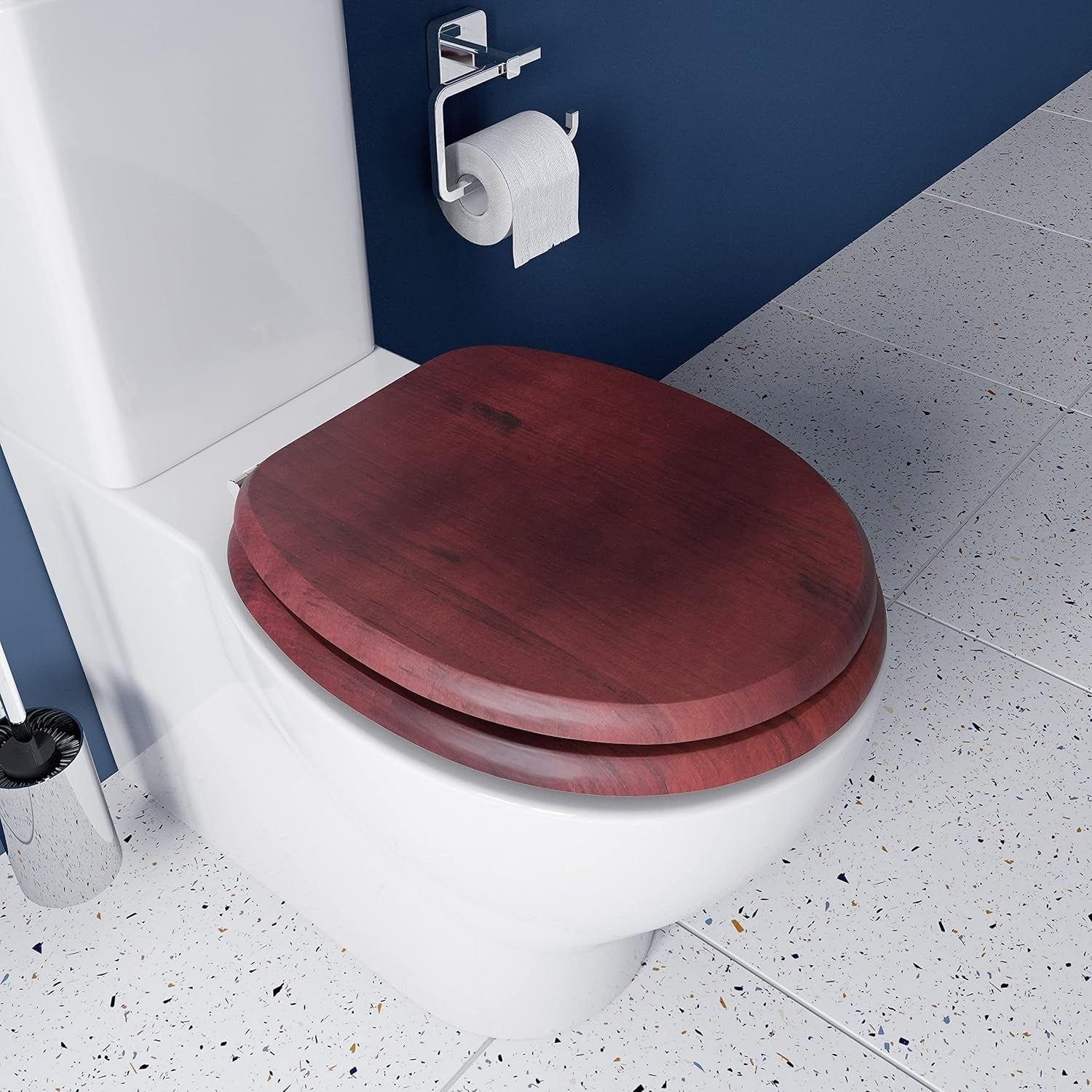 Solid Wood Toilet Seat Mahogany Wooden Oval Adjustable Hinges Chrome Fixings