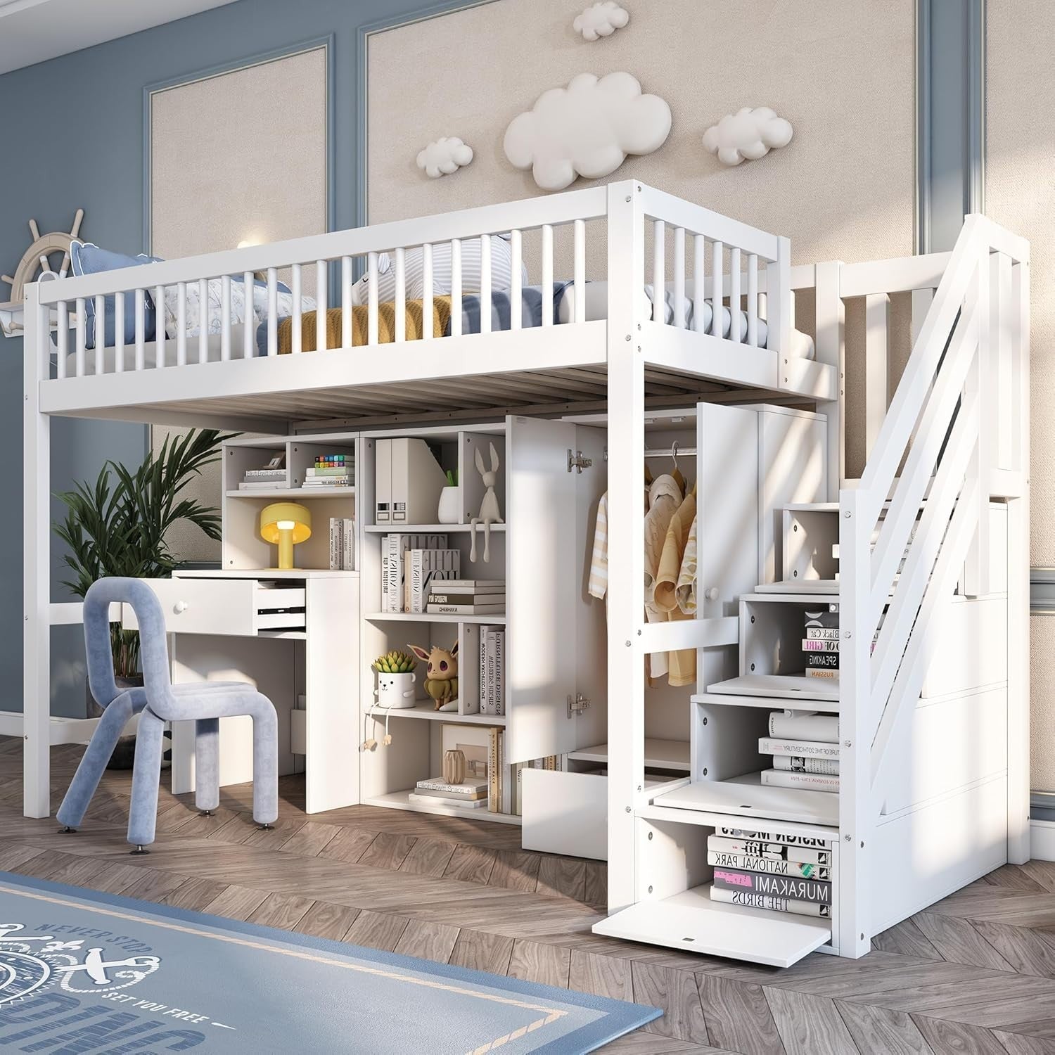 Kids Loft Bed with Desk Wardrobe Drawers Stairs Storage 3FT 90x190cm