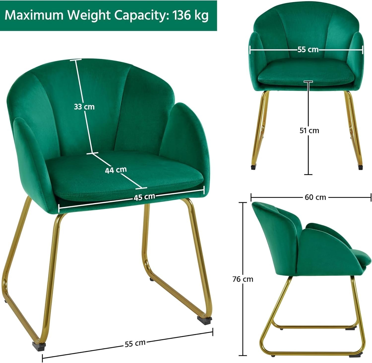 Green Velvet Tub Vanity Chair Petal Accent Armchair with Gold Metal Legs