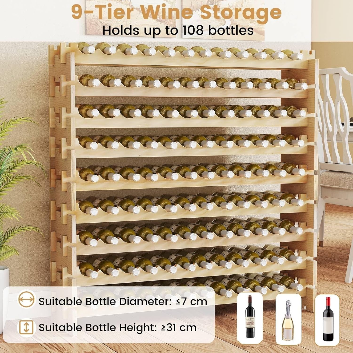 Large Wooden Wine Rack 108 Bottle Storage Stand | 9-Tier Free Standing Shelf