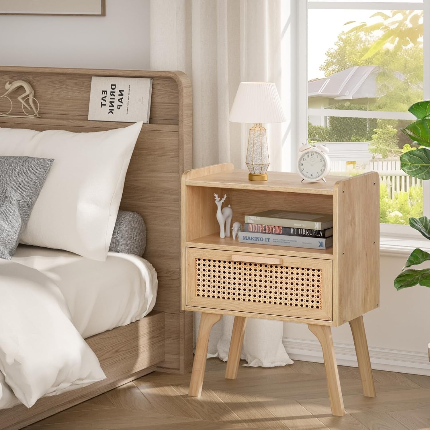 Natural Rattan Bedside Table with Drawer & Shelf – Boho Wooden Nightstand