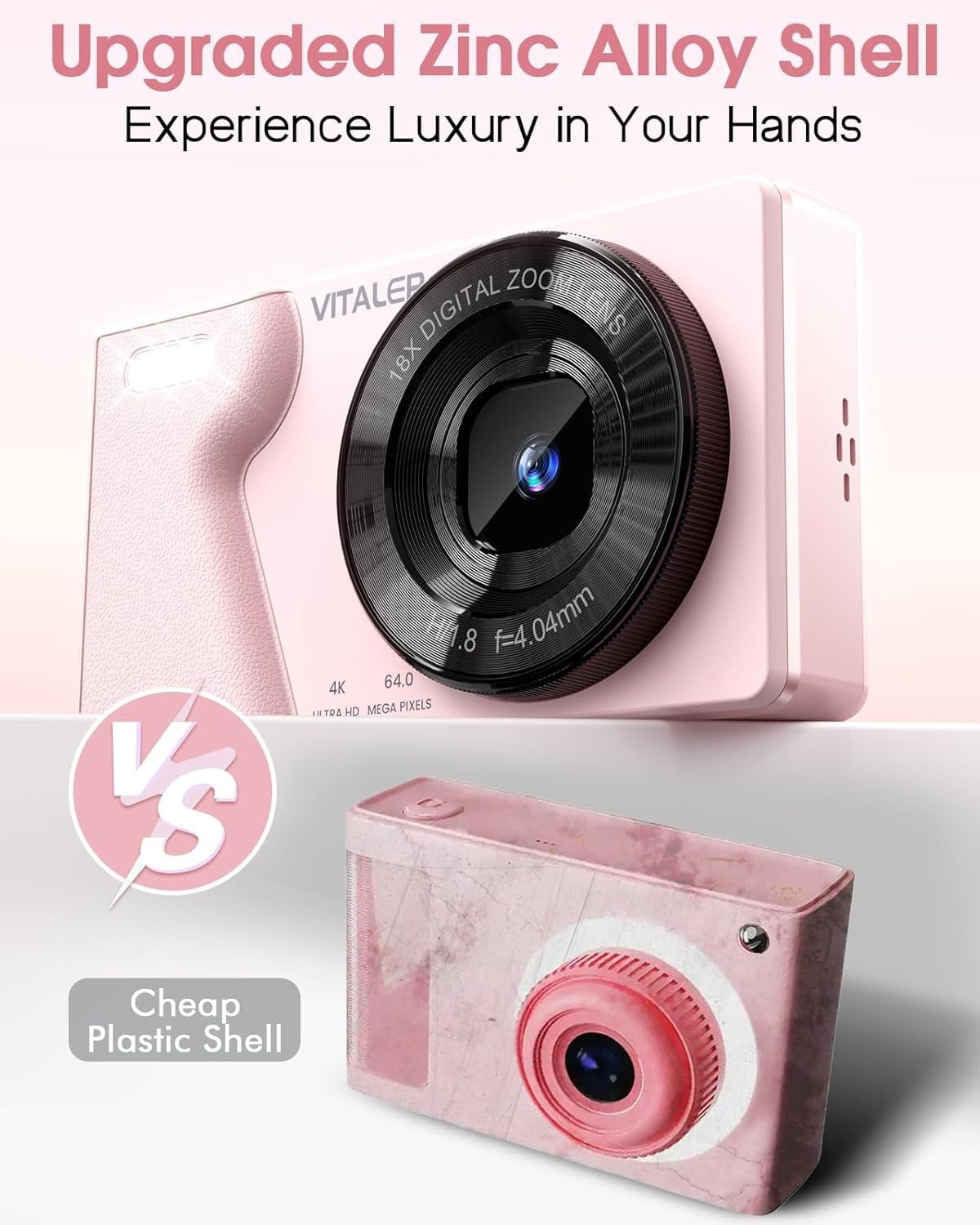 4K 64MP Digital Camera Dual Lens Compact Camera 18X Zoom Pink USB-C