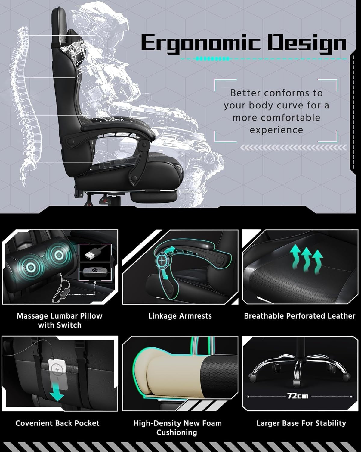 Gaming Chair Recliner w/ Massage Lumbar Pillow, Footrest, Faux Leather PC Seat