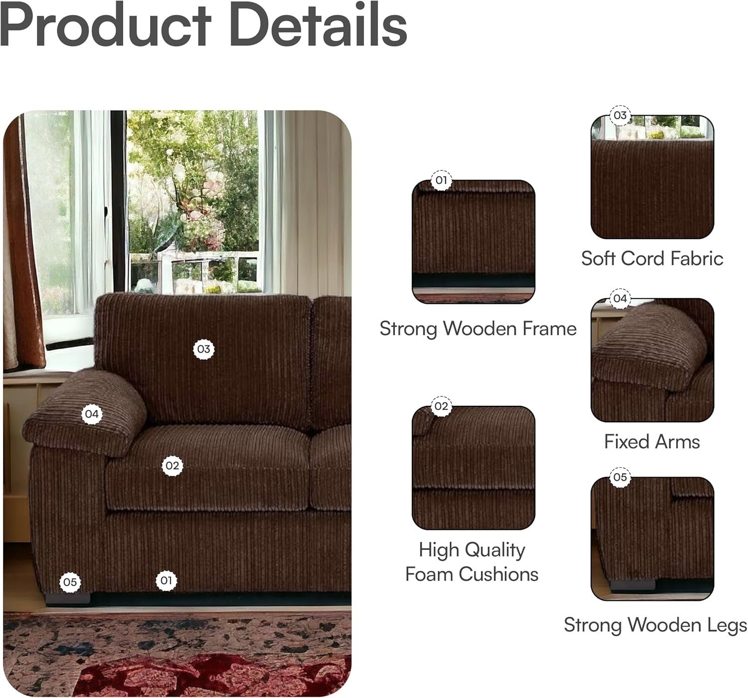 L Shaped Corner Sofa Jumbo Cord 5 Seater Right Hand Brown Comfy Couch