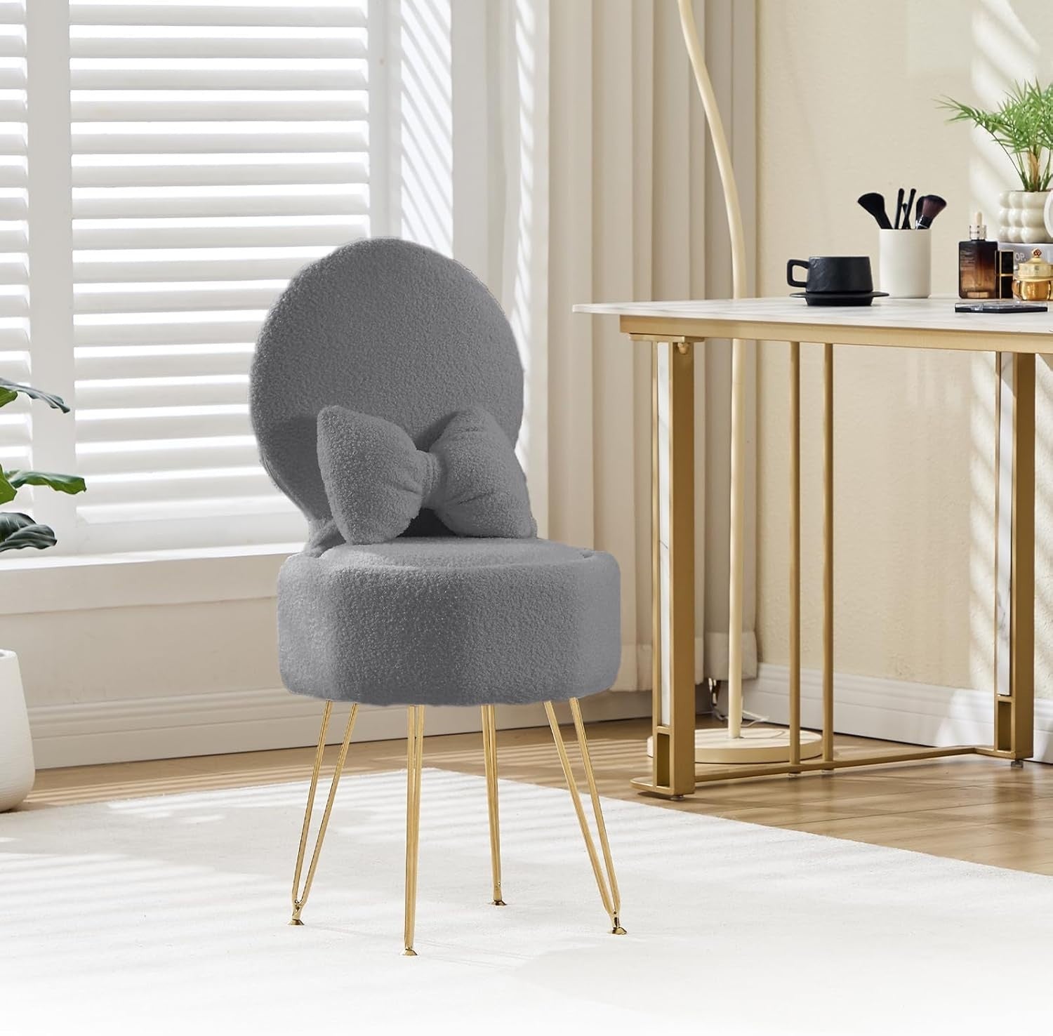Grey Sherpa Vanity Chair with Storage & Foldable Backrest – Metal Leg