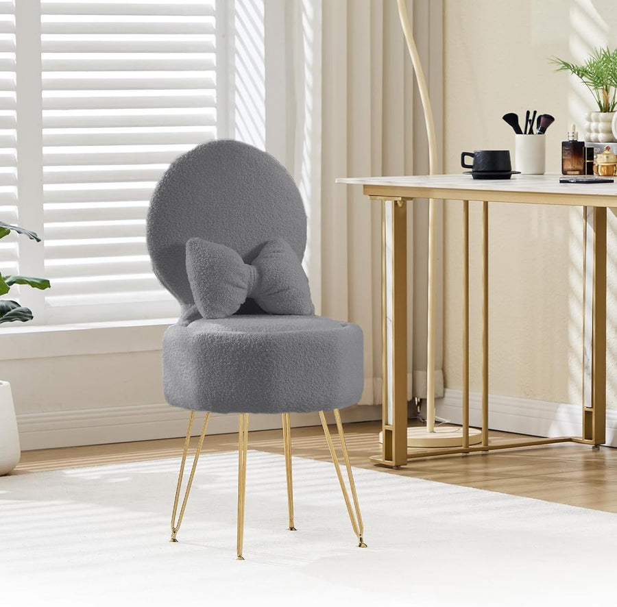 Grey Sherpa Vanity Chair with Storage & Foldable Backrest – Metal Leg