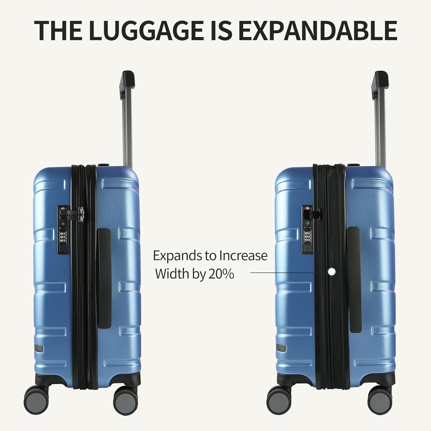 Light Blue 20 Inch Cabin Suitcase PC Hard Shell Expandable Spinner TSA