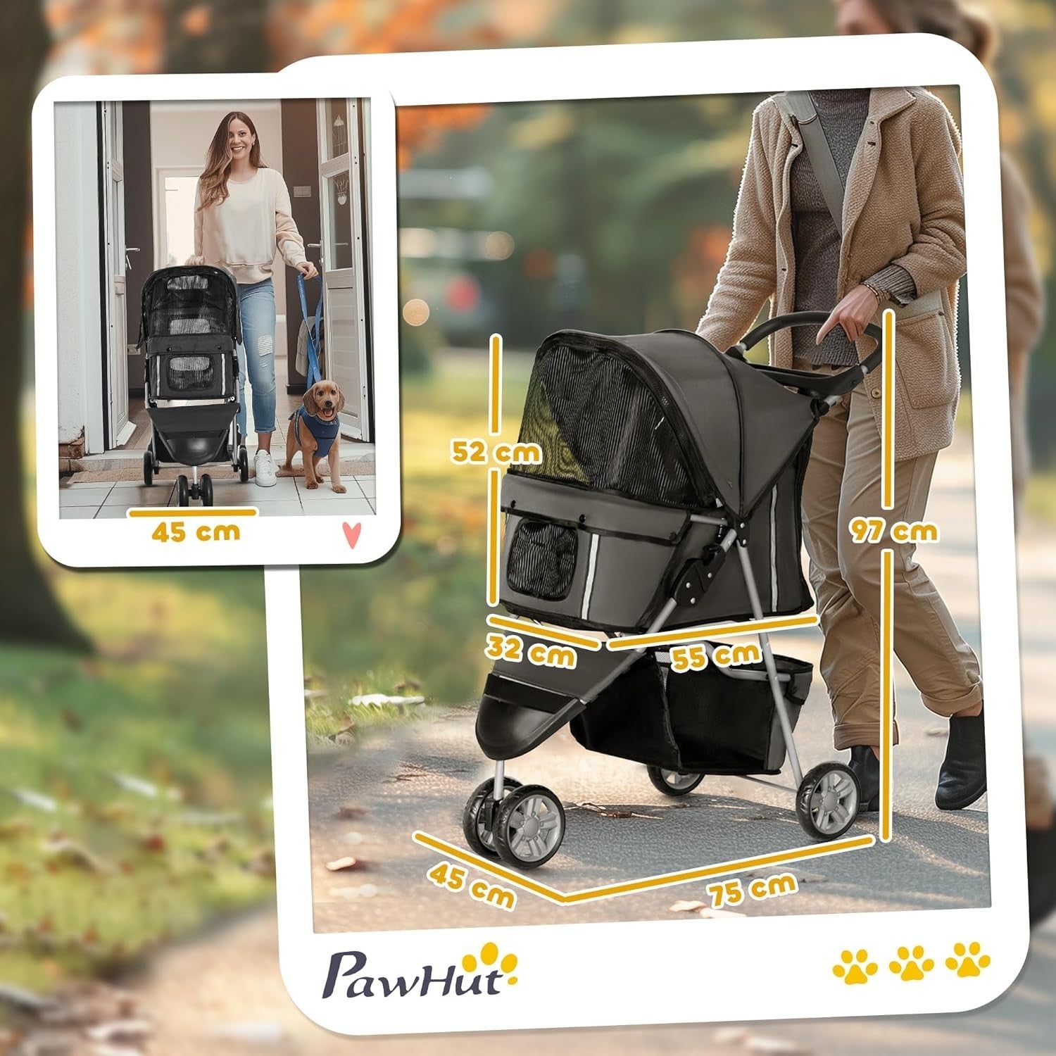 Dog Stroller 3-Wheel Foldable Pet Pram Small Dogs Cats Charcoal Grey