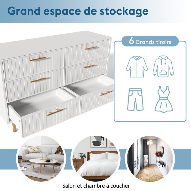 White 6 Drawer Sideboard Chest Gold Handles, Modern Cabinet Storage 120cm