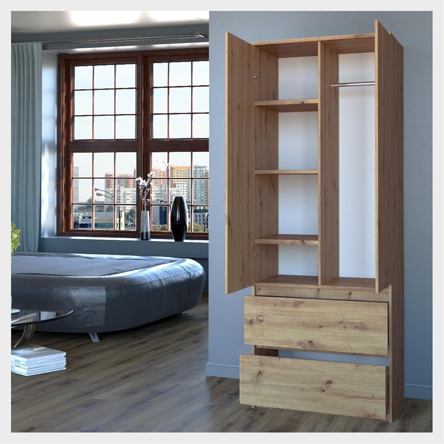 Large Rustic Double Wardrobe with Drawers & Hanging Rail - Bedroom Storage