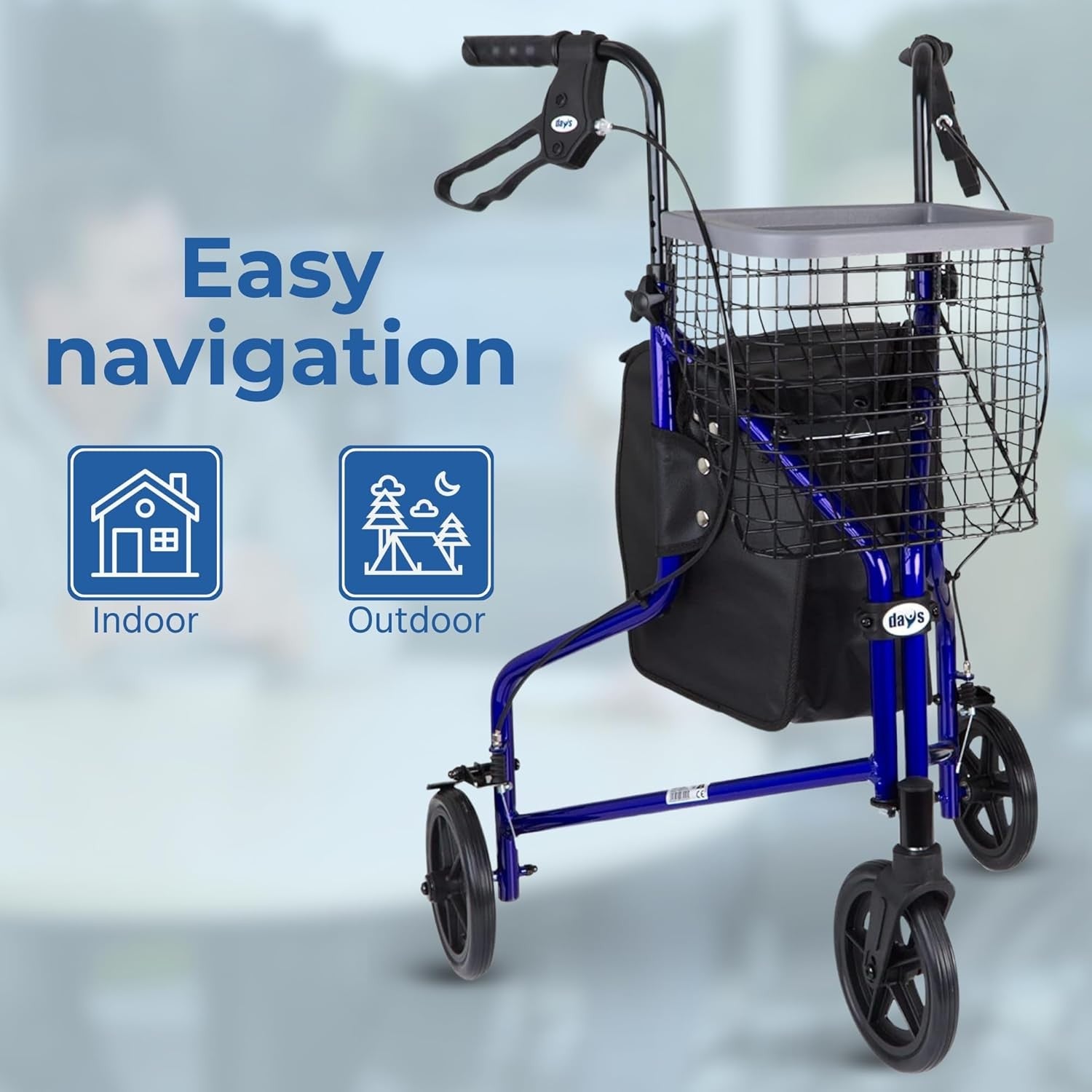 3 Wheel Rollator Walker Folding Lightweight Brakes Basket Tray Indoor