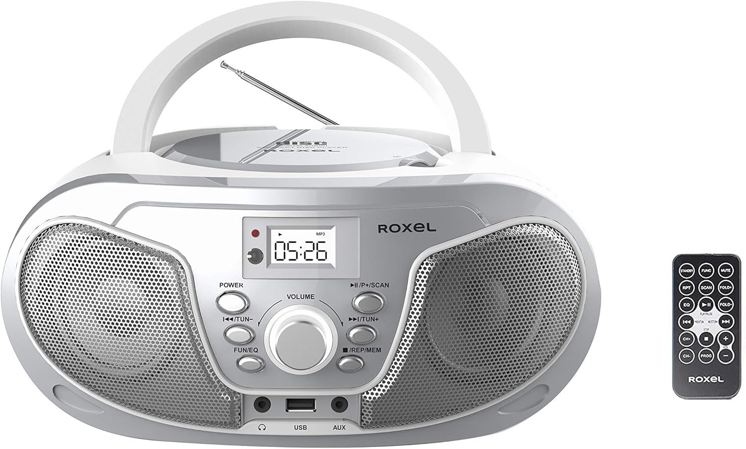 Silver Portable Boombox CD Player Bluetooth FM Radio USB AUX Remote