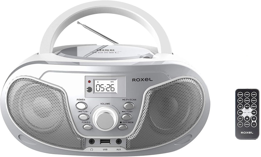 Silver Portable Boombox CD Player Bluetooth FM Radio USB AUX Remote