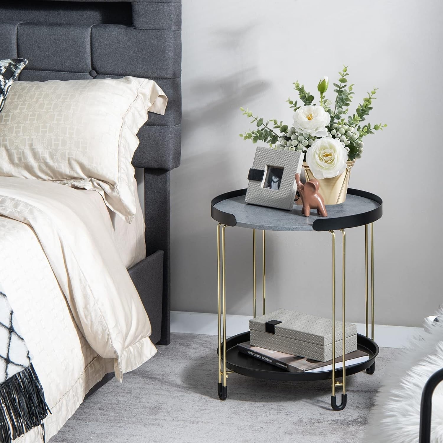 Round Marble Side Table Black Gold | 2-Tier Sofa End Table with Tray & Wheels