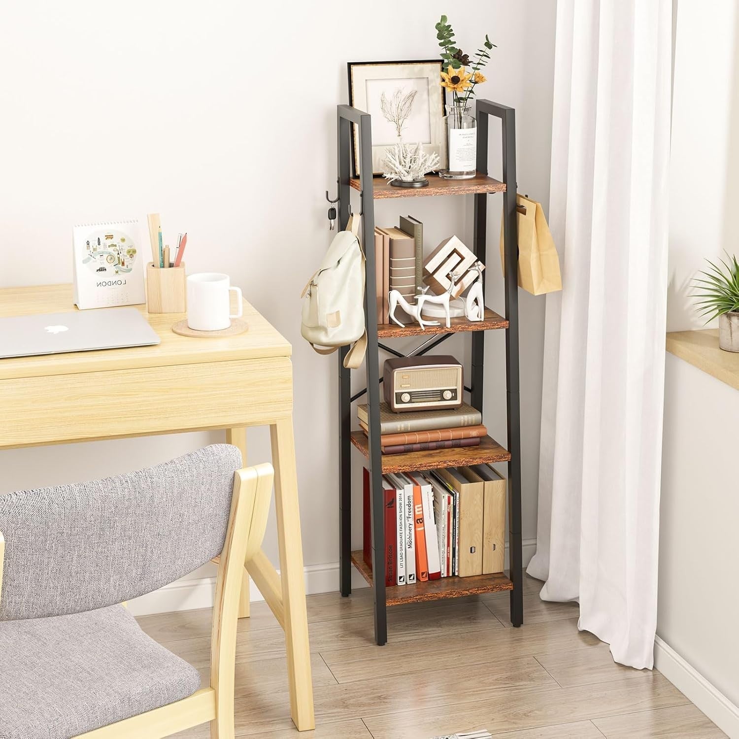 Industrial Ladder Bookshelf 4 Tier Freestanding Storage Shelf Space Saver