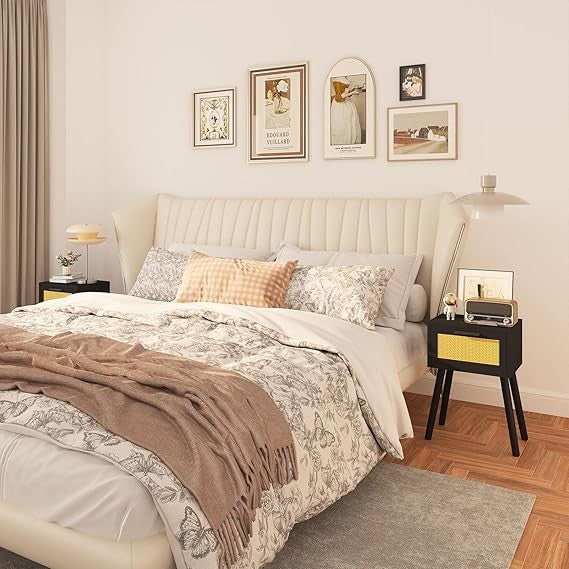 Set of 2 Black Bedside Tables with Rattan Drawer, Modern Wooden Nightstands