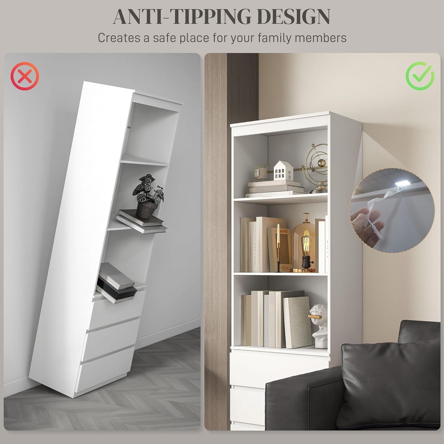 Tall White 180cm Bookcase with Drawers Modern Slim Storage Shelf Display Unit