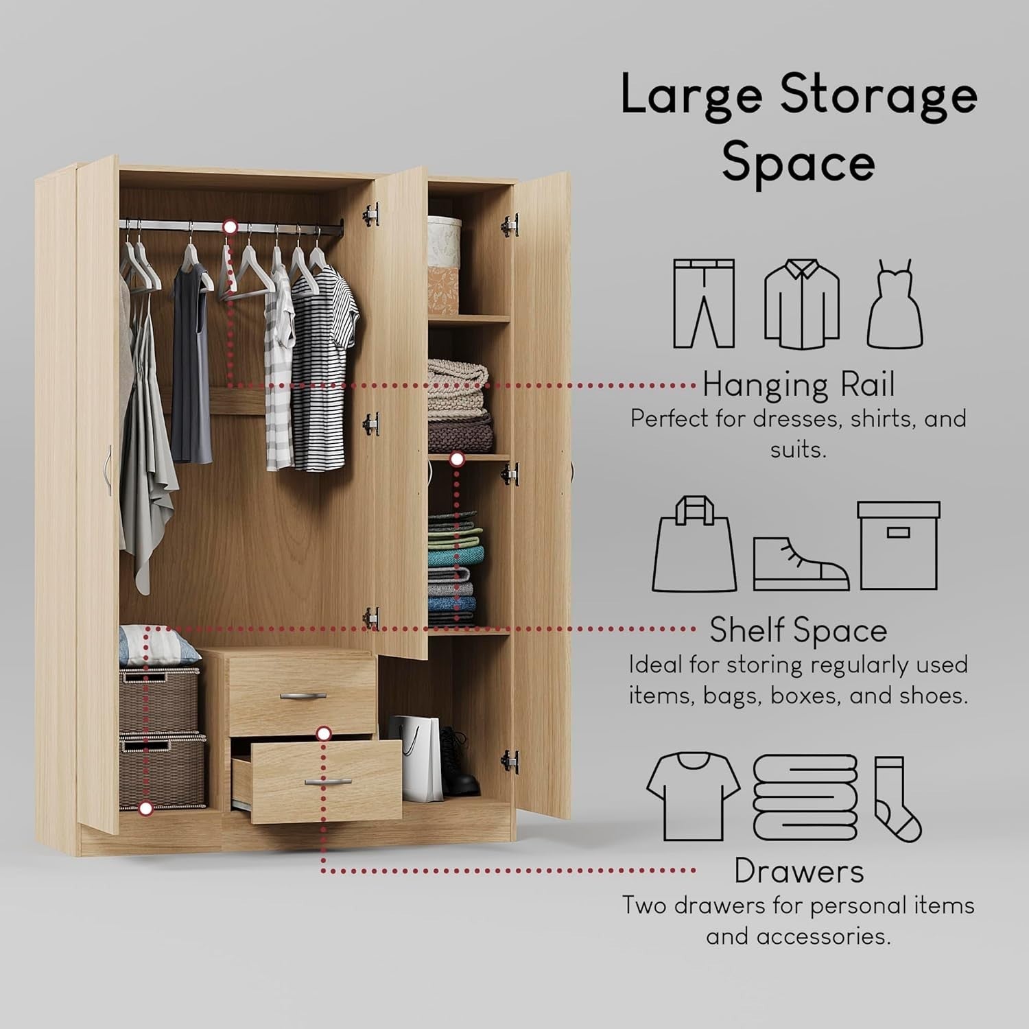 3 Door Mirrored Wardrobe with Drawers & Rail, Pine Tall Bedroom Unit