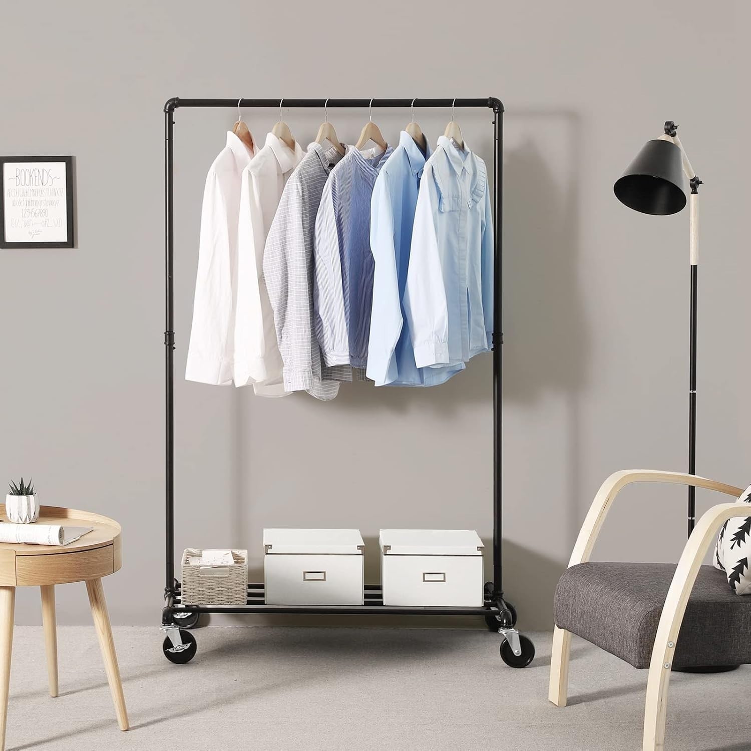 Heavy Duty Clothes Rail with Wheels & Shelf – Black, 90KG