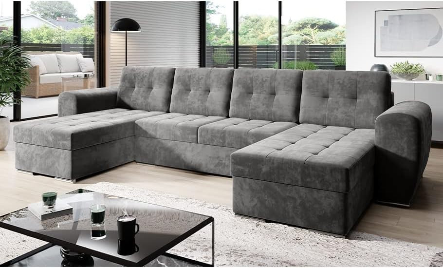 Grey U-Shaped Sofa Bed with Storage, Quilted Velour, 4-Seater, Modern