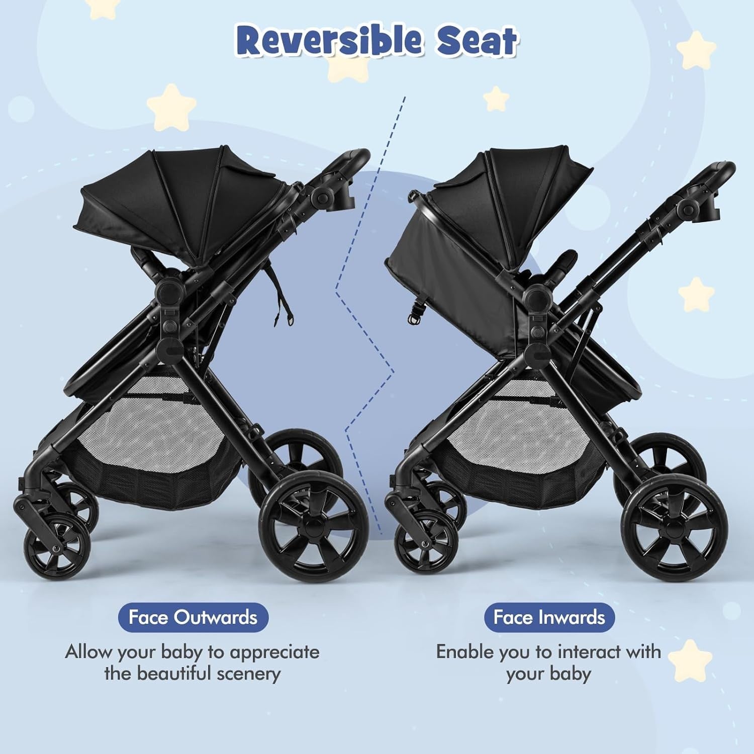 2in1 Baby Pushchair Foldable Lightweight Pram Reversible Seat Adjustable Canopy