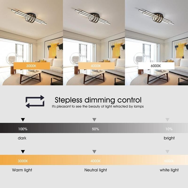 Modern 40W Dimmable LED Ceiling Light Black Linear Flush Mount Remote Control