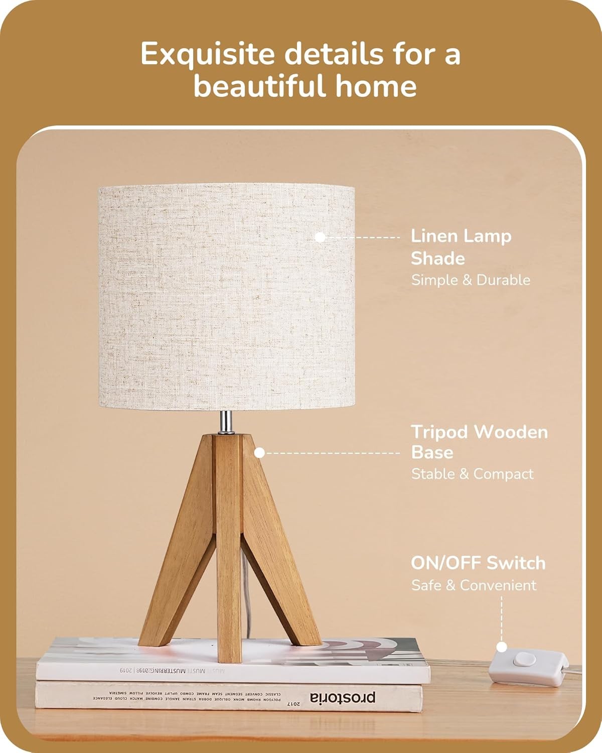 Tripod Bedside Table Lamp Grey Linen Shade Wooden Base Modern Desk Light 36cm