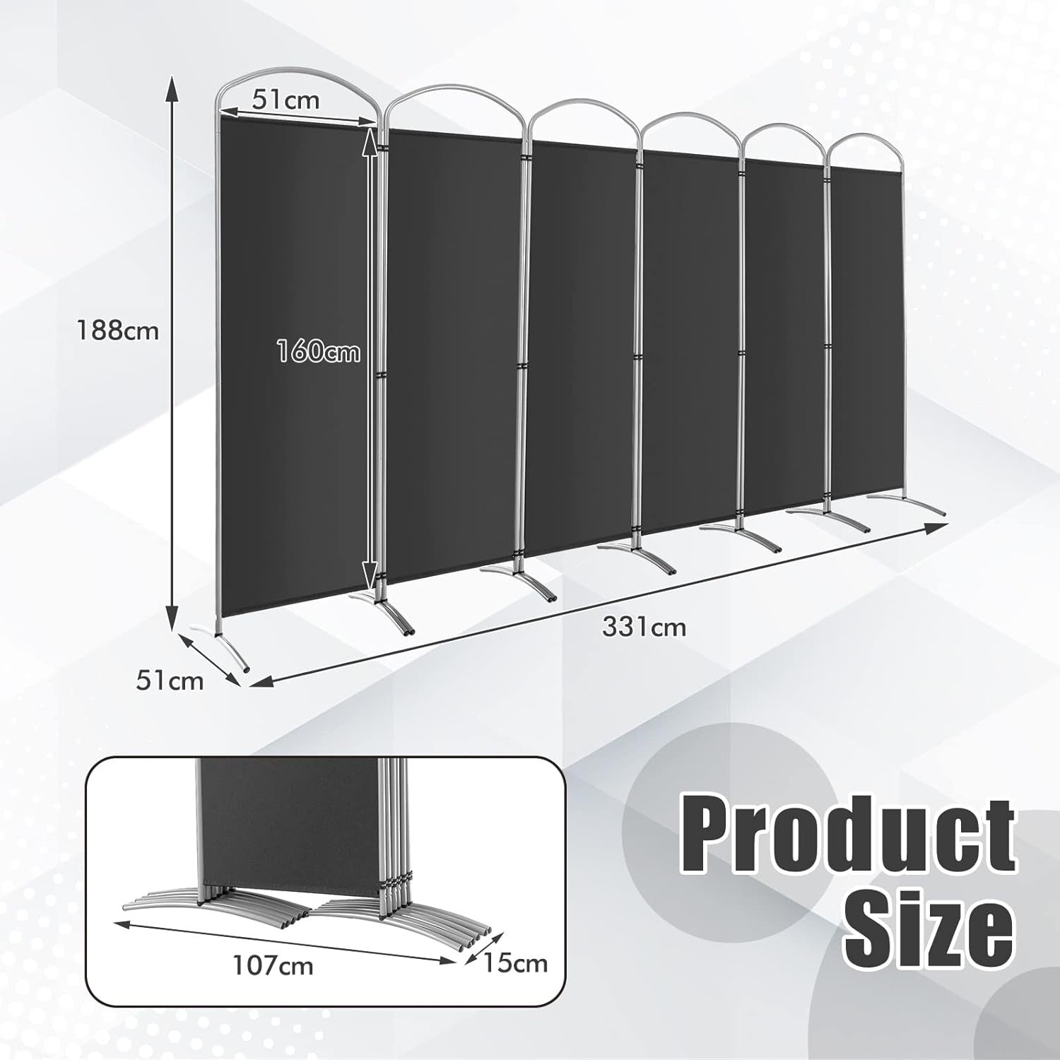 6 Panel Grey Folding Room Divider Privacy Screen for Bedroom Office 188cm High