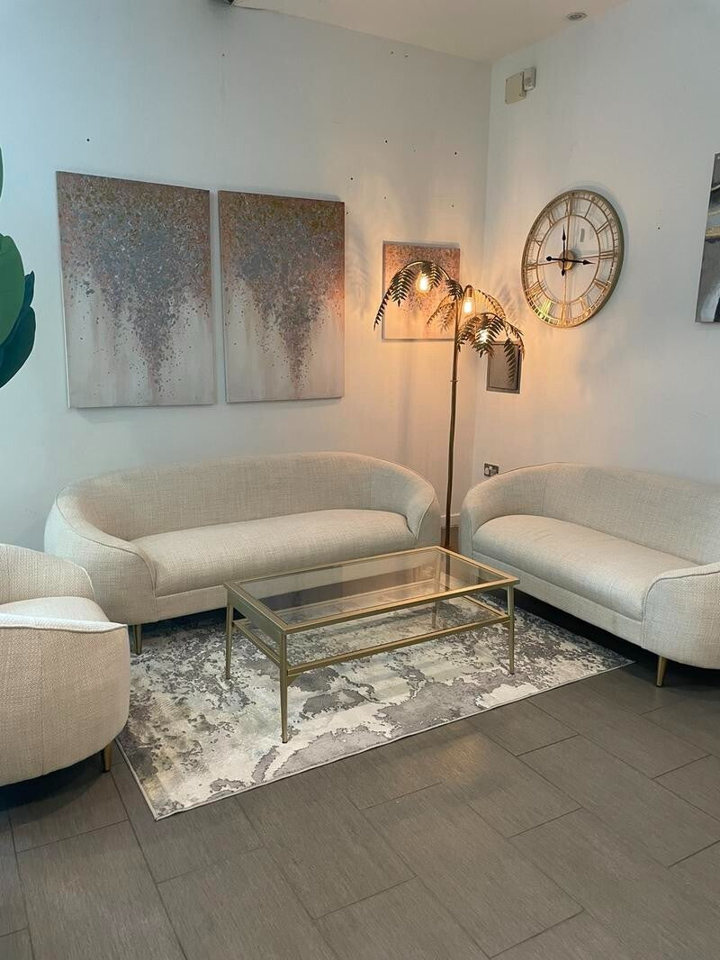 3+2+1 Oatmeal Fabric Sofa Set Gold Legs Curved Armchairs Living Room