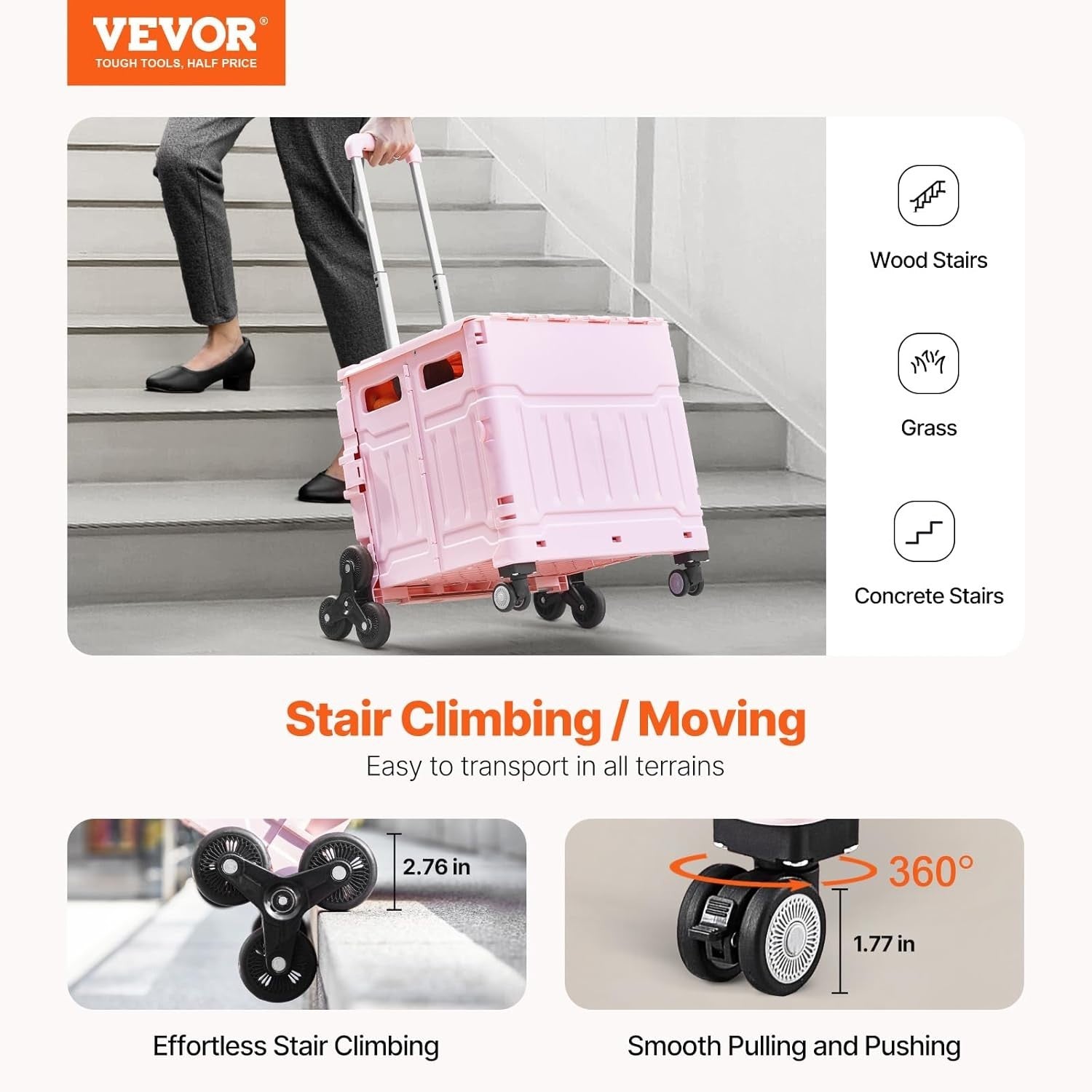 Foldable 65L Utility Cart Stair Climber Wheels Portable Pink