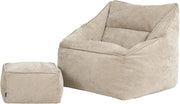 Natural Chenille Bean Bag Armchair Set with Footstool Lounge Chair.