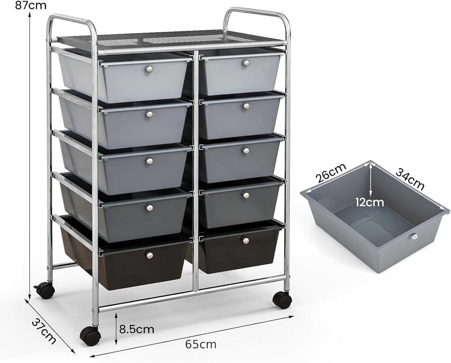Gradient Black 10 Drawer Rolling Storage Trolley Office Beauty Organizer