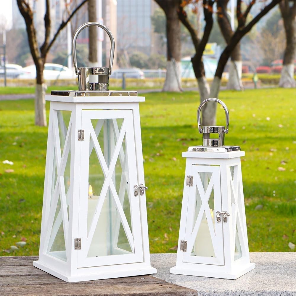 Set of 2 White Wooden Lanterns Rustic Candle Holders