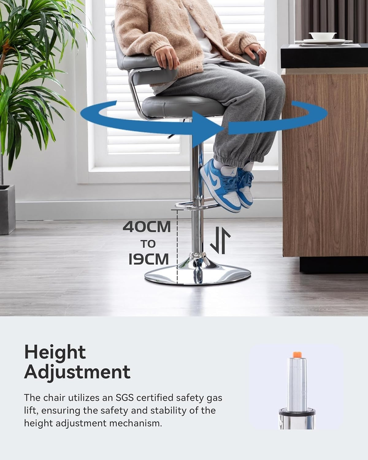 Light Grey Swivel Bar Stool Faux Leather Padded Chrome Frame