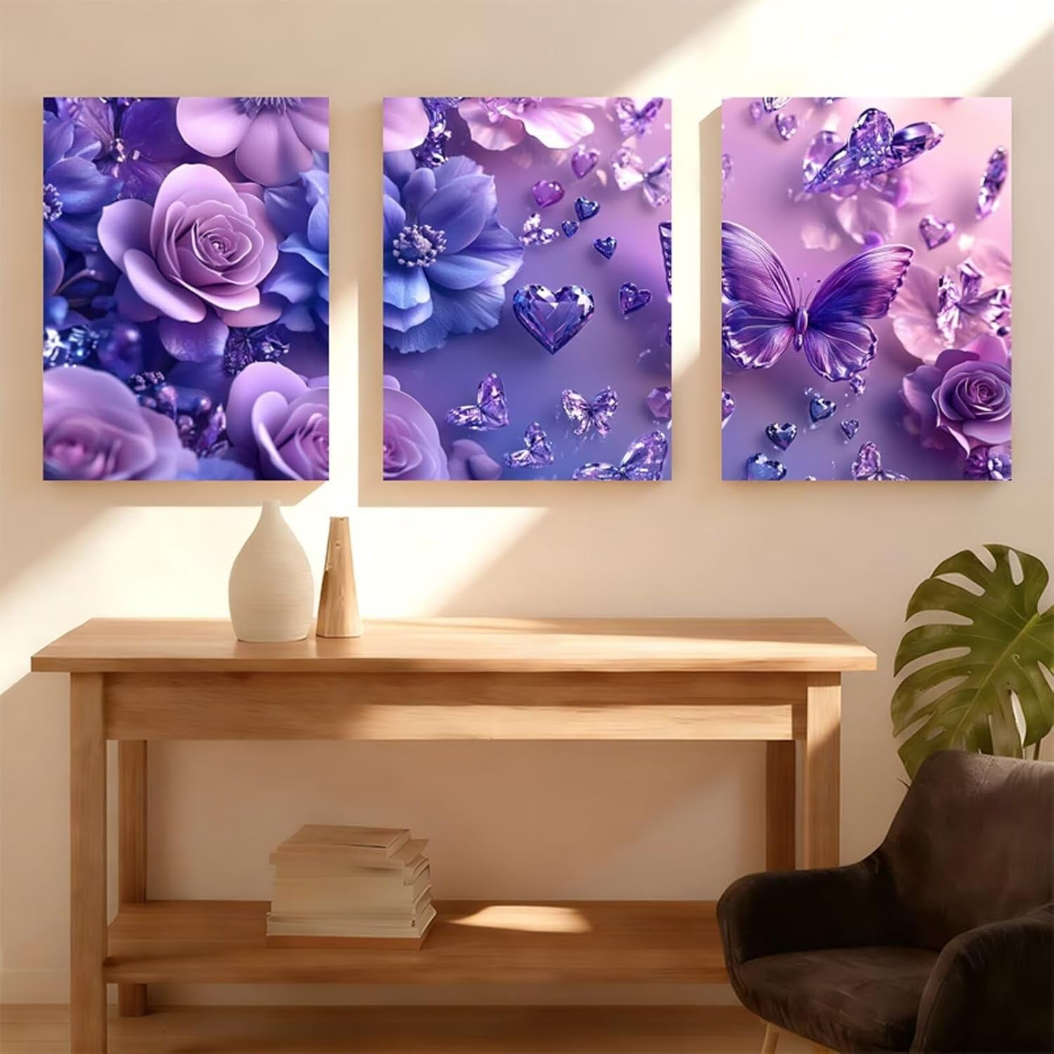3‑Piece Butterfly & Flower Wooden Framed Canvas Art 20×25 cm Decor