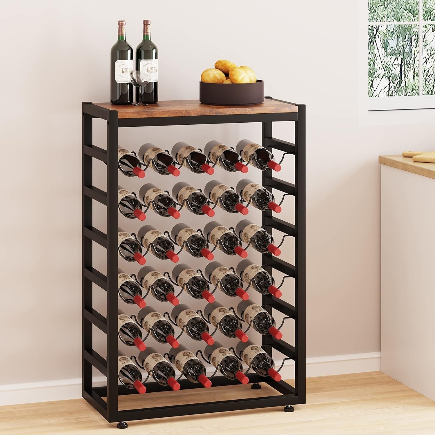 30 Bottle Wine Rack Floor Stand with Wooden Top, 6-Tier Metal Storage