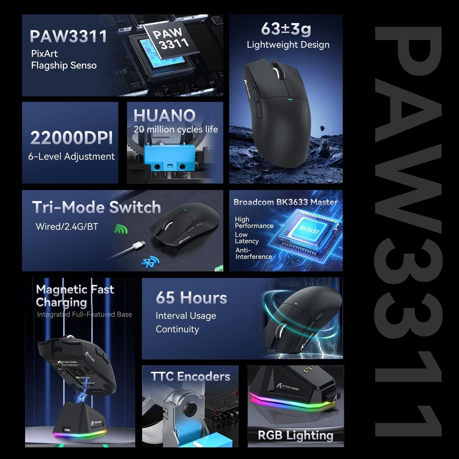 Wireless Gaming Mouse 22000 DPI RGB Dock BT 2.4G USB Black