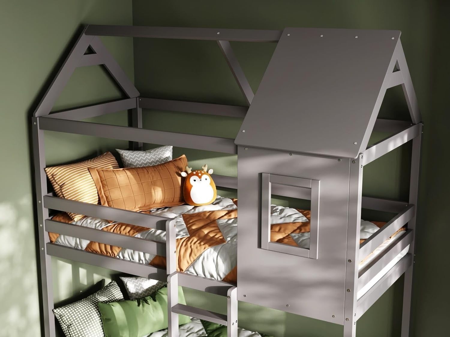 Grey Wooden Treehouse Bunk Bed Single Kids Safe Loft Bed w/ Storage