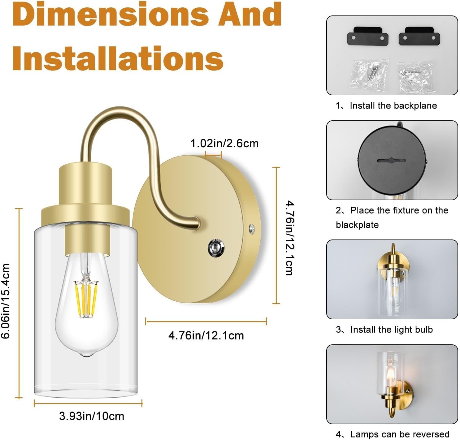 Gold Wall Sconces 2-Pack Rechargeable LED Lights, Remote, Dimmable, No Wiring