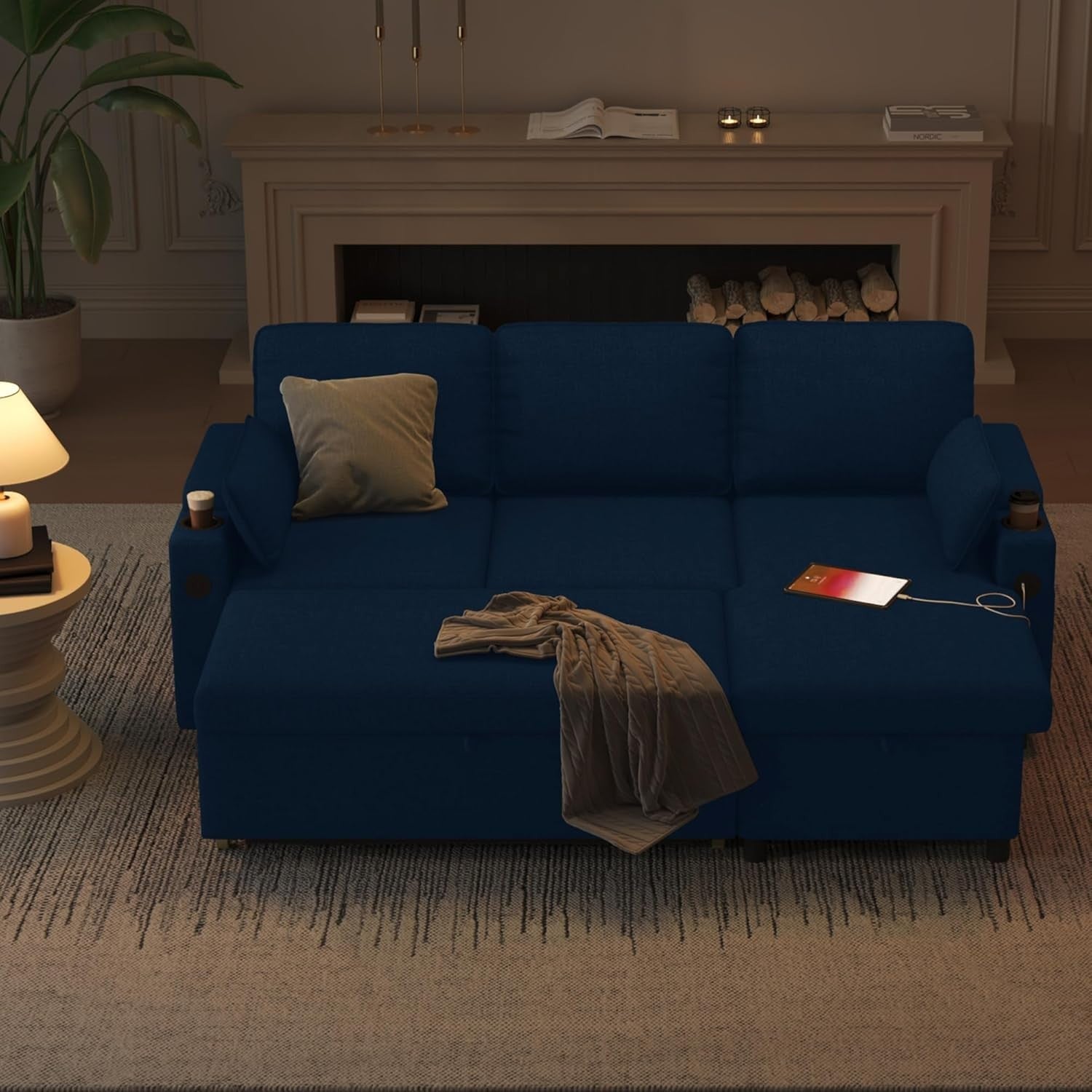 Pull Out Blue L Shape Sectional Sofa Bed with USB -  Cup Holder & Storage